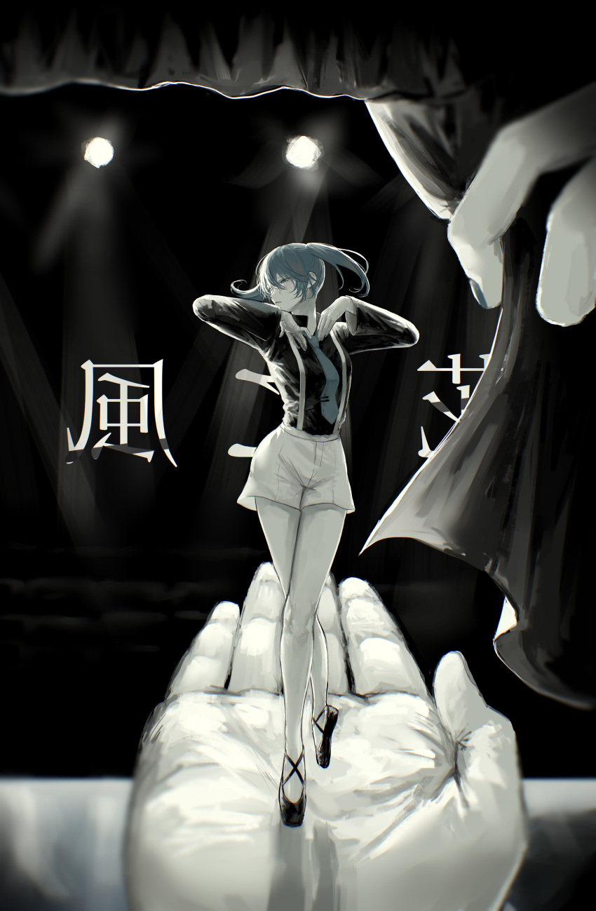 1girl absurdres alternate_costume alternate_hair_length alternate_hairstyle ballet ballet_slippers blue_eyes blue_hair blue_nails blue_necktie closed_mouth commentary_request crossed_legs dancing en_pointe expressionless floating_hair greyscale hair_between_eyes half-closed_eyes hana_ni_kaze_(vocaloid) hands_on_own_chest hands_up hatsune_miku highres in_palm light_blush long_sleeves looking_to_the_side medium_hair mirrored_text monochrome necktie out_of_frame pd_ta1 short_shorts shorts solo_focus song_name spot_color stage stage_curtains stage_lights suspender_shorts suspenders twintails vignetting vocaloid