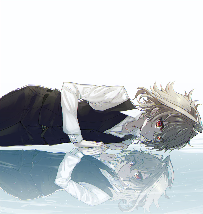 black_pants fate/apocrypha fate_(series) grey_hair haoro highres lying pants parted_lips red_eyes reflection shirt short_hair sieg_(fate) suit white_shirt