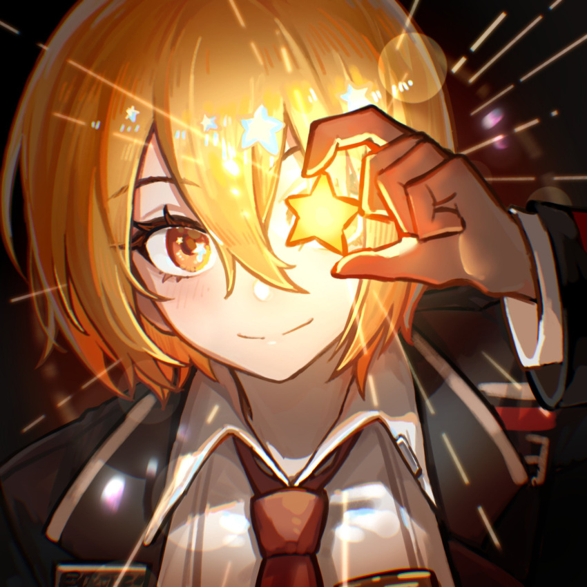 1girl black_coat blonde_hair coat collared_shirt don_quixote_(limbus_company) hand_up highres holding holding_star light limbus_company long_sleeves looking_at_viewer necktie project_moon red_necktie shiqicheng shirt short_hair smile solo star_(symbol) star_in_eye symbol_in_eye white_shirt yellow_eyes