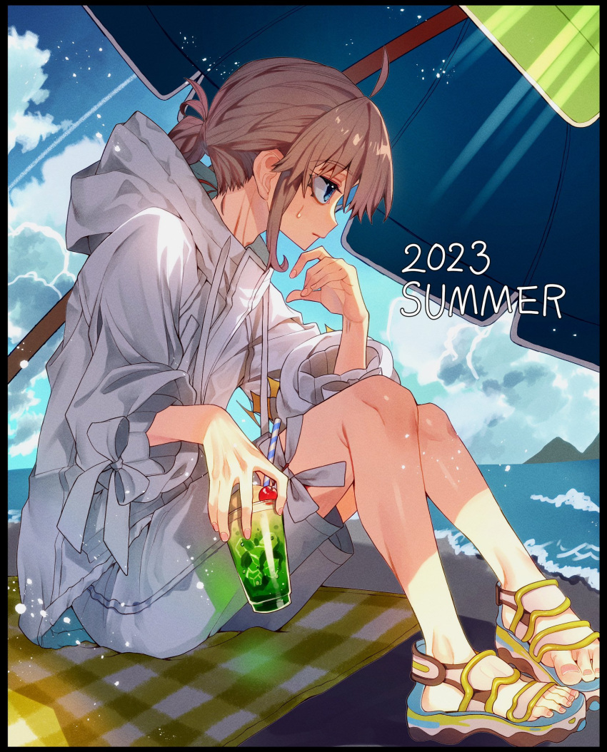 1boy 2023 beach_towel beach_umbrella blue_eyes brown_hair cherry clouds coat drink eyelashes fate/grand_order fate_(series) fingernails food fruit green_umbrella highres holding holding_drink kujiraoka long_sleeves male_focus oberon_(fate) sandals shore shorts sitting solo summer towel umbrella water white_coat white_shorts