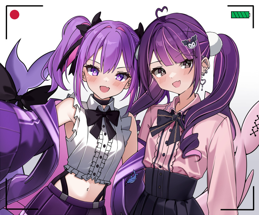 2boys absurdres black_eyes blush bow bowtie cellphone_picture commission commissioner_upload crossdressing earrings fang fins fish_tail hair_ornament hair_ribbon highres jacket jewelry long_hair long_sleeves looking_at_viewer low_twintails moenaomii multiple_boys open_clothes open_jacket open_mouth otoko_no_ko outstretched_arm pink_hair pink_shirt pleated_skirt purple_hair purple_jacket ribbon sammy_same selfie shark shark_tail shirt short_twintails skin_fang skirt smile tail twintails violet_eyes wayanfa white_shirt