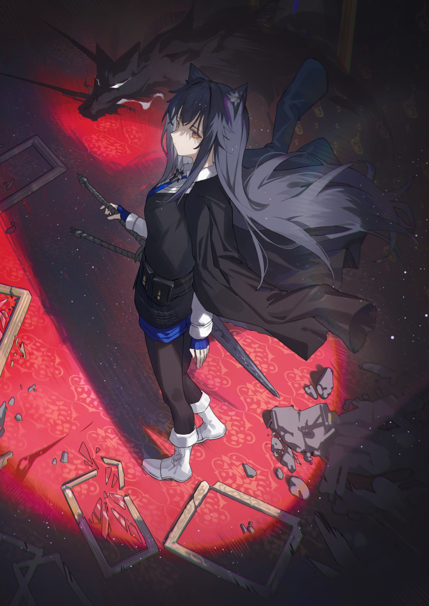 1girl absurdres animal_ears ankle_boots arknights arm_at_side black_coat black_hair black_pantyhose black_vest blue_gloves blue_necktie blue_shorts boots breasts carpet coat coat_on_shoulders commentary debris dust fingerless_gloves gloves hand_on_hilt highres krin_(krinnin) long_hair long_sleeves looking_at_viewer looking_back medium_breasts necktie open_clothes open_coat orange_eyes pantyhose pantyhose_under_shorts picture_frame shirt shorts sidelocks solo spotlight sword texas_(arknights) texas_the_omertosa_(arknights) vest weapon white_footwear white_shirt wolf wolf_ears wolf_girl
