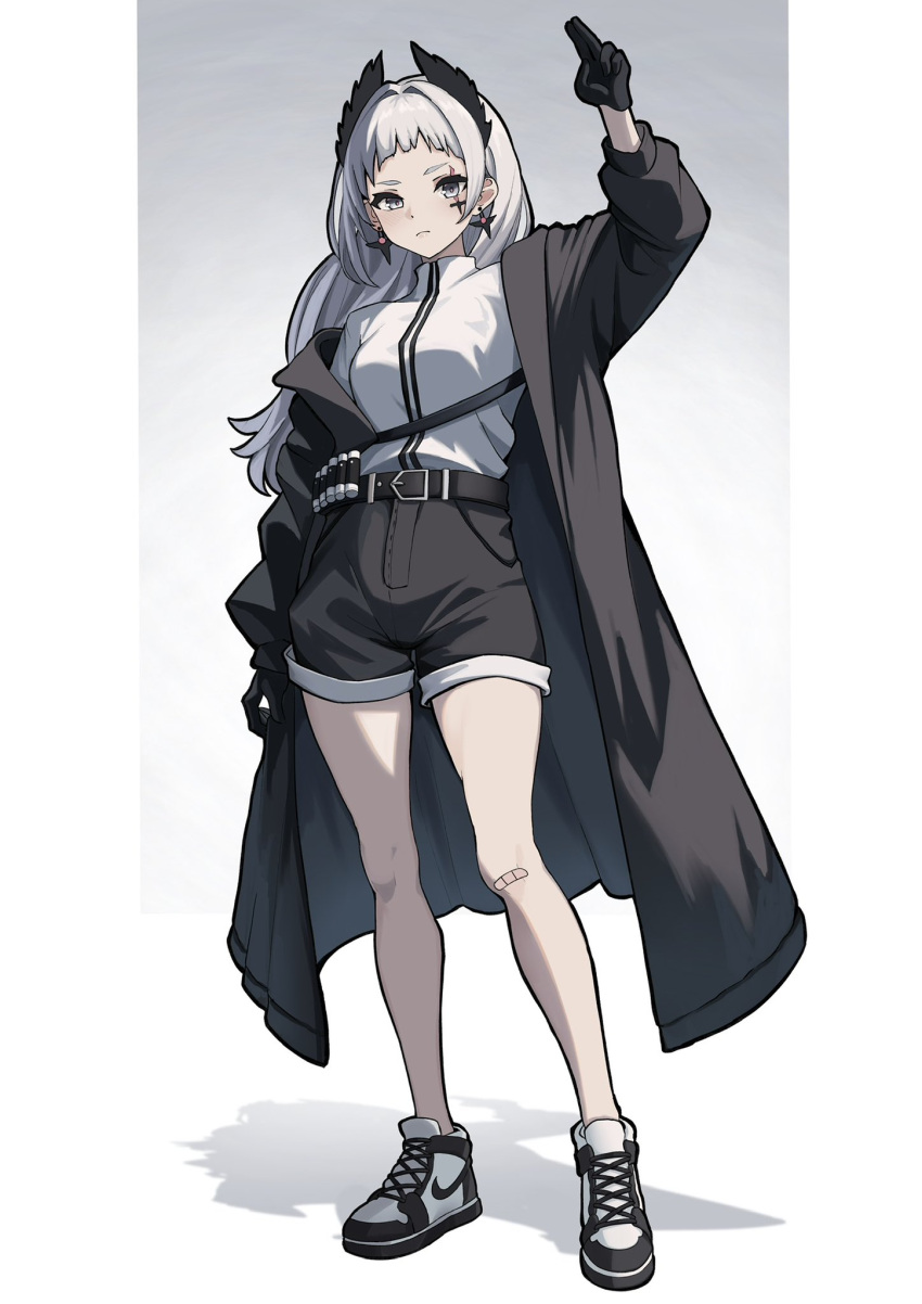 1girl arknights bandaid bandaid_on_knee bandaid_on_leg black_coat black_gloves black_shorts border breasts coat commentary contrapposto earrings english_commentary feather_hair frown full_body gloves gradient_background grey_background grey_eyes grey_hair highres irene_(arknights) jewelry long_hair looking_at_viewer medium_breasts scar scar_across_eye shadow shirt shoes shorts simple_background sneakers solo white_background white_footwear white_shirt yan_kodiac