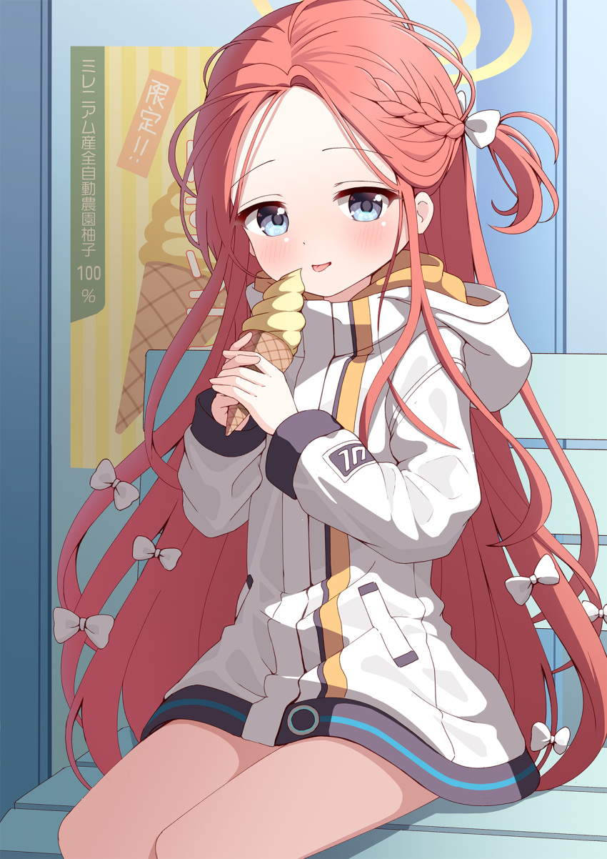 1girl azel_(laevateinn495) blue_archive blue_eyes blush bow braid feet_out_of_frame food hair_bow halo highres holding holding_food hood hooded_jacket ice_cream jacket long_hair long_sleeves looking_at_viewer redhead sitting sitting_on_bench solo tongue tongue_out translation_request white_bow white_jacket yellow_halo yuzu_(blue_archive)