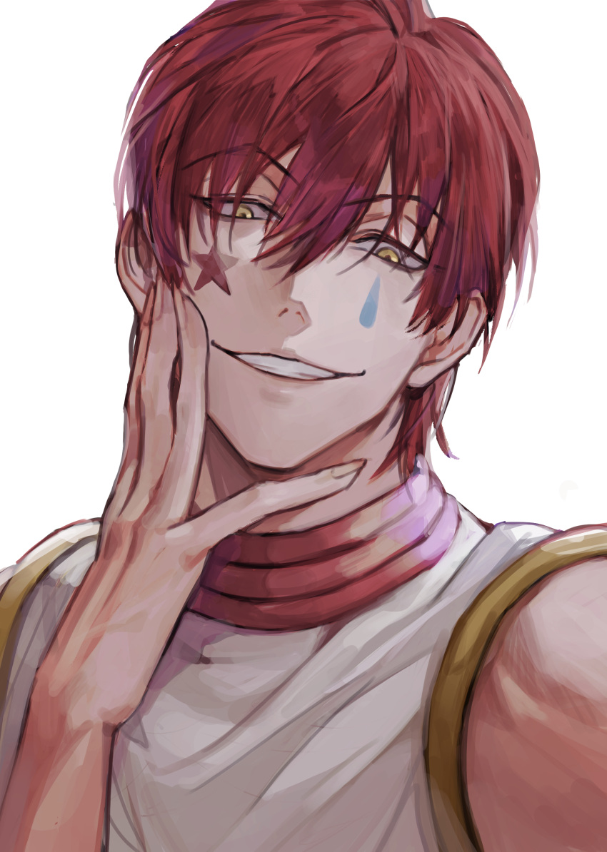 1boy absurdres boony2789 facial_mark grin hair_between_eyes hand_on_own_cheek hand_on_own_face highres hisoka_morow hunter_x_hunter looking_at_viewer male_focus portrait redhead short_hair simple_background smile star_(symbol) star_facial_mark teardrop_facial_mark teardrop_tattoo white_background yellow_eyes
