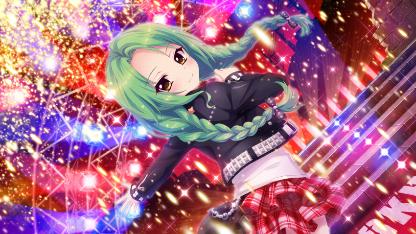 1girl black_jacket brick_wall broken_wall closed_mouth colored_lights concert dot_nose film_grain forehead from_behind game_cg green_hair hand_up idol idol_clothes izumi_tsubasu jacket long_braid long_hair looking_at_viewer looking_back low_twintails non-web_source official_art outstretched_arm plaid plaid_skirt re:stage! red_skirt shirokita_kuroha shirt skirt smile solo sparkle stage stairs twintails utility_pole white_shirt yellow_eyes