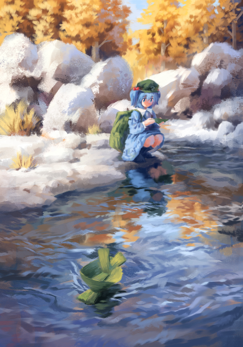 1girl backpack bag blue_eyes blue_footwear blue_hair blue_skirt blue_vest boots closed_mouth flat_cap green_headwear hair_between_eyes hair_bobbles hair_ornament hat highres kawashiro_nitori river rock satellitedragon skirt solo squatting touhou traditional_media tree two_side_up vest water