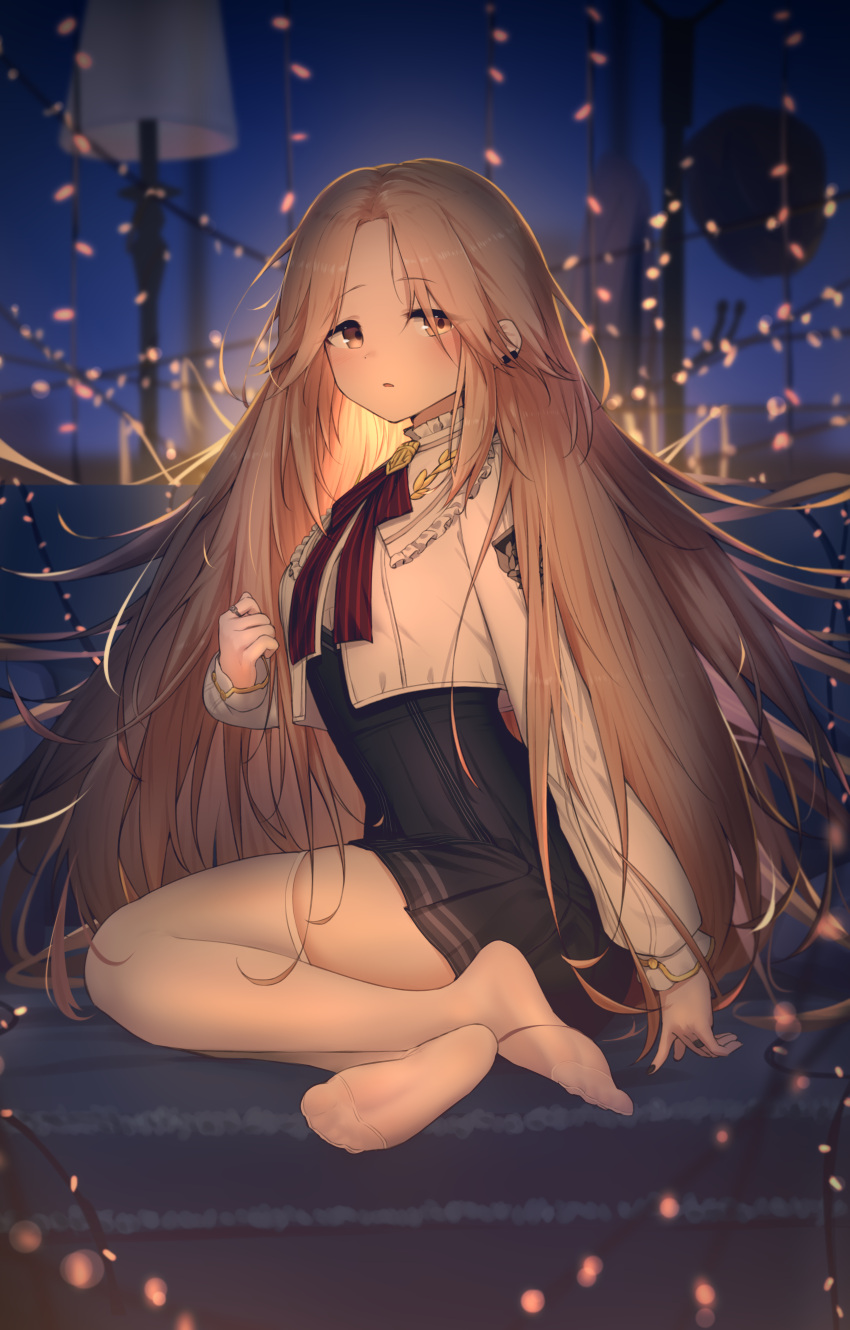 1girl absurdres black_dress blurry blurry_background borrowed_character brown_eyes brown_hair commission dress earrings english_commentary highres hoplitx jacket jewelry long_hair looking_at_viewer mixed-language_commentary on_ground open_mouth original parted_bangs pixiv_commission pleated_dress ring solo thigh-highs very_long_hair white_jacket white_thighhighs