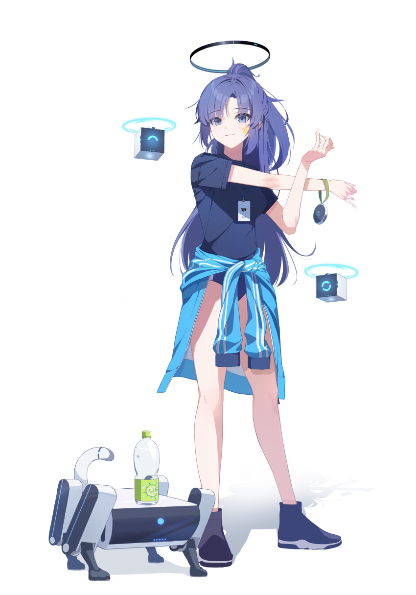 1girl absurdres arm_across_chest blue_archive blue_buruma blue_jacket bottle breasts buruma cross-body_stretch drone full_body gym_shirt gym_uniform halo highres id_card jacket lanyard long_hair looking_at_viewer non-humanoid_robot official_alternate_costume ponytail purple_hair robot robot_animal shirt short_sleeves simple_background smile solo sportswear standing star_sticker sticker_on_face stretching sumutemu tied_jacket track_jacket track_uniform violet_eyes water_bottle white_background yuuka_(blue_archive) yuuka_(track)_(blue_archive)