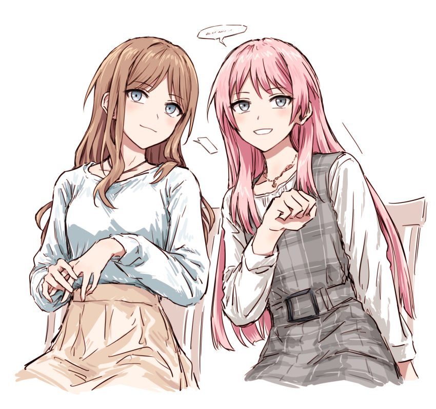 2girls bang_dream! bang_dream!_it's_mygo!!!!! belt blue_eyes brown_hair chair chihaya_anon clenched_hand commentary_request cropped_legs dress furukawa_wanosuke hand_up highres jewelry long_hair long_sleeves multiple_girls nagasaki_soyo necklace own_hands_together parted_bangs pink_hair shirt sitting skirt sleeveless sleeveless_dress smile speech_bubble teeth white_background white_shirt
