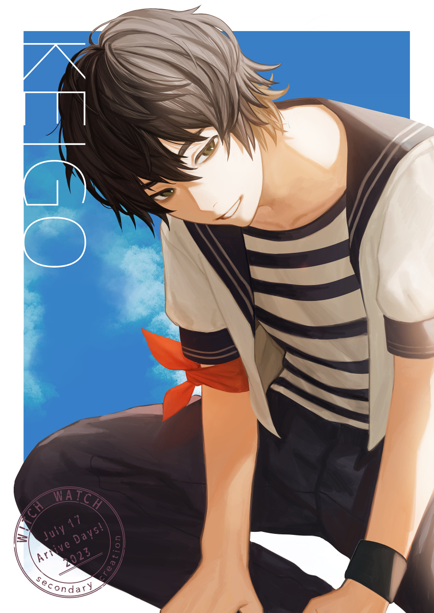 1boy absurdres armband black_pants black_wristband blue_sky character_name dated highres light_smile looking_at_viewer magami_keigo male_focus nennen_(pixiv14003276) outdoors pants red_armband shirt sitting sky solo striped striped_shirt white_shirt witch_watch