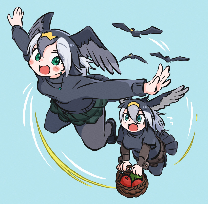 2girls :d absurdres animal apple appleq basket bird bird_tail black_footwear black_hair black_pantyhose black_sweater blue_background blush breasts brown_skirt commentary_request earrings feathered_wings flying flying_sweatdrops food fruit great_cormorant_(kemono_friends) green_eyes green_skirt grey_hair grey_wings hair_between_eyes head_wings highres holding holding_basket japanese_cormorant_(kemono_friends) jewelry kemono_friends layered_sleeves loafers long_sleeves medium_breasts multicolored_hair multiple_girls outstretched_arms pantyhose pleated_skirt red_apple shoes short_over_long_sleeves short_sleeves simple_background skirt smile spread_arms stud_earrings sweater tail tail_feathers two-tone_hair wings