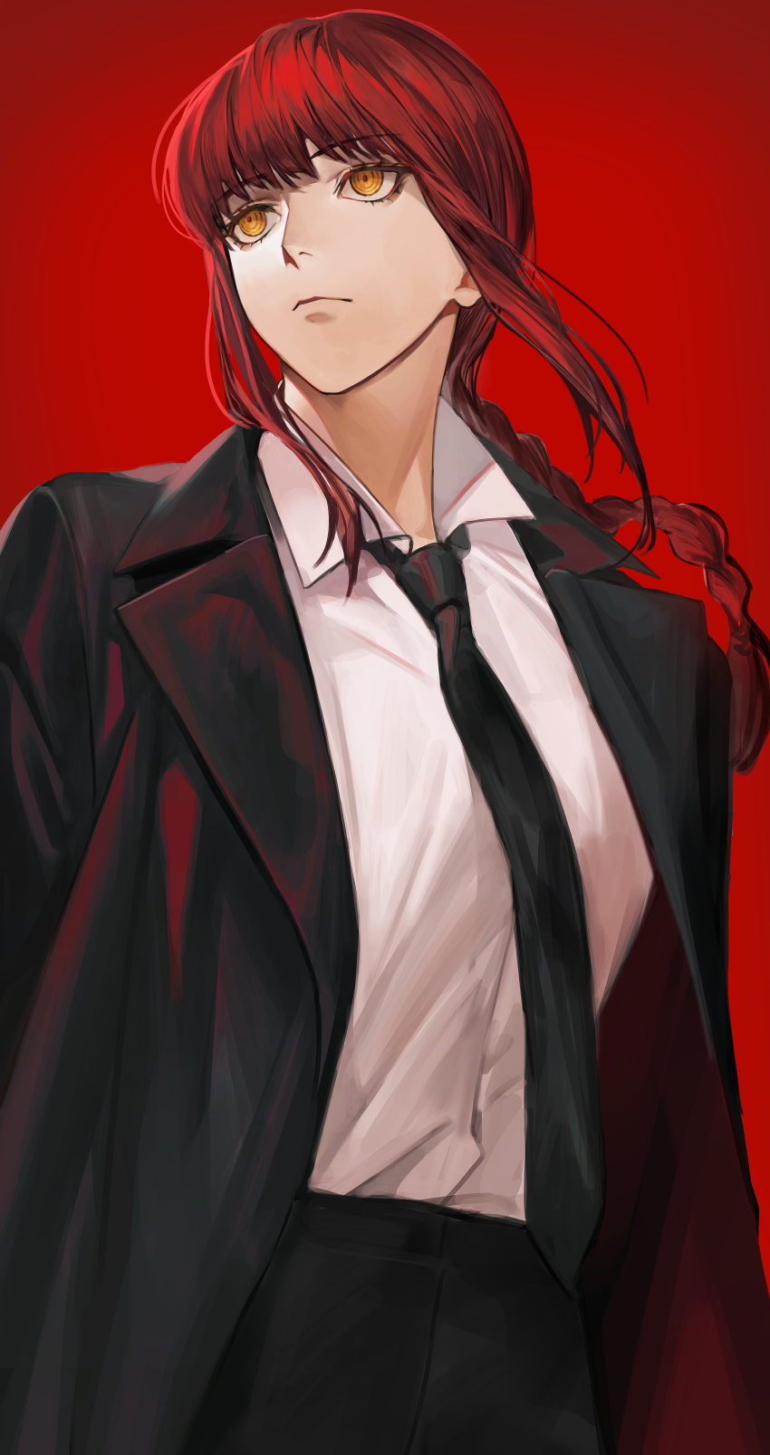 1girl absurdres black_necktie black_suit boony2789 braid braided_ponytail brown_hair chainsaw_man facing_viewer highres looking_afar makima_(chainsaw_man) necktie red_background ringed_eyes shirt standing suit white_shirt yellow_eyes