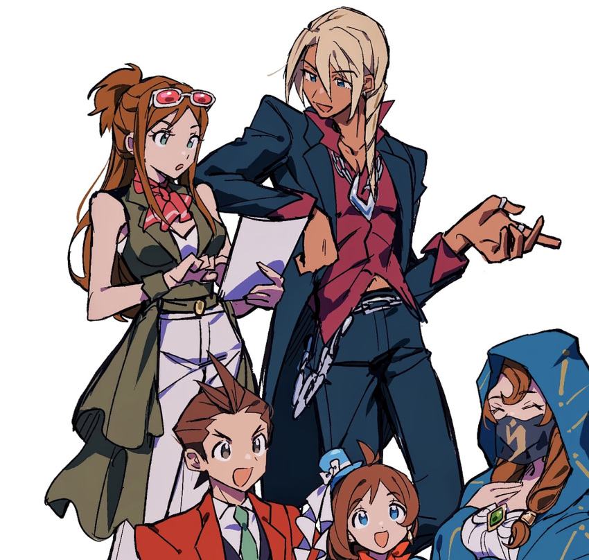 2boys 3girls :d :o ace_attorney antenna_hair apollo_justice arm_on_another's_shoulder arm_rest ascot belt belt_chain black_coat black_pants blonde_hair blue_eyes blue_headwear brown_eyes brown_hair chain_belt closed_eyes coat collared_shirt dark-skinned_male dark_skin drill_hair earrings ema_skye forked_eyebrows formal frilled_ascot frills gem green_belt green_coat green_gemstone green_necktie green_wrist_cuffs grgrton half_updo hand_up hat head_scarf highres holding holding_paper jacket jewelry klavier_gavin lamiroir_(ace_attorney) lapels long_hair long_sleeves looking_at_another low-tied_long_hair mask medium_hair midriff_peek mini_hat mini_top_hat mouth_mask multiple_boys multiple_girls multiple_rings necktie open_collar open_mouth pants paper pink-tinted_eyewear print_headwear purple_shirt red_ascot red_jacket red_scarf ring scarf shirt short_hair simple_background sleeveless_coat smile swept_bangs tailcoat thumb_ring tinted_eyewear top_hat trucy_wright white-framed_eyewear white_background white_pants white_shirt wrist_cuffs