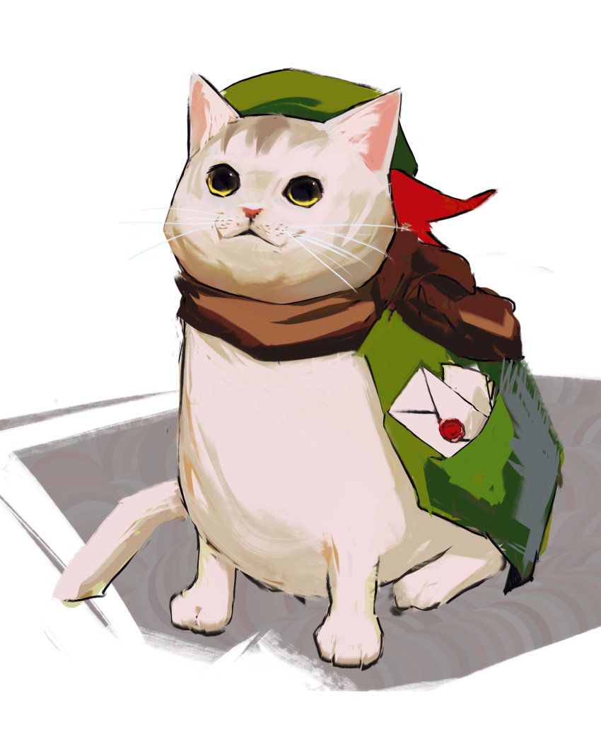 absurdres animal_focus brown_scarf capelet cat envelope green_capelet green_headwear highres letter no_humans original potatomochii scarf wax_seal white_cat