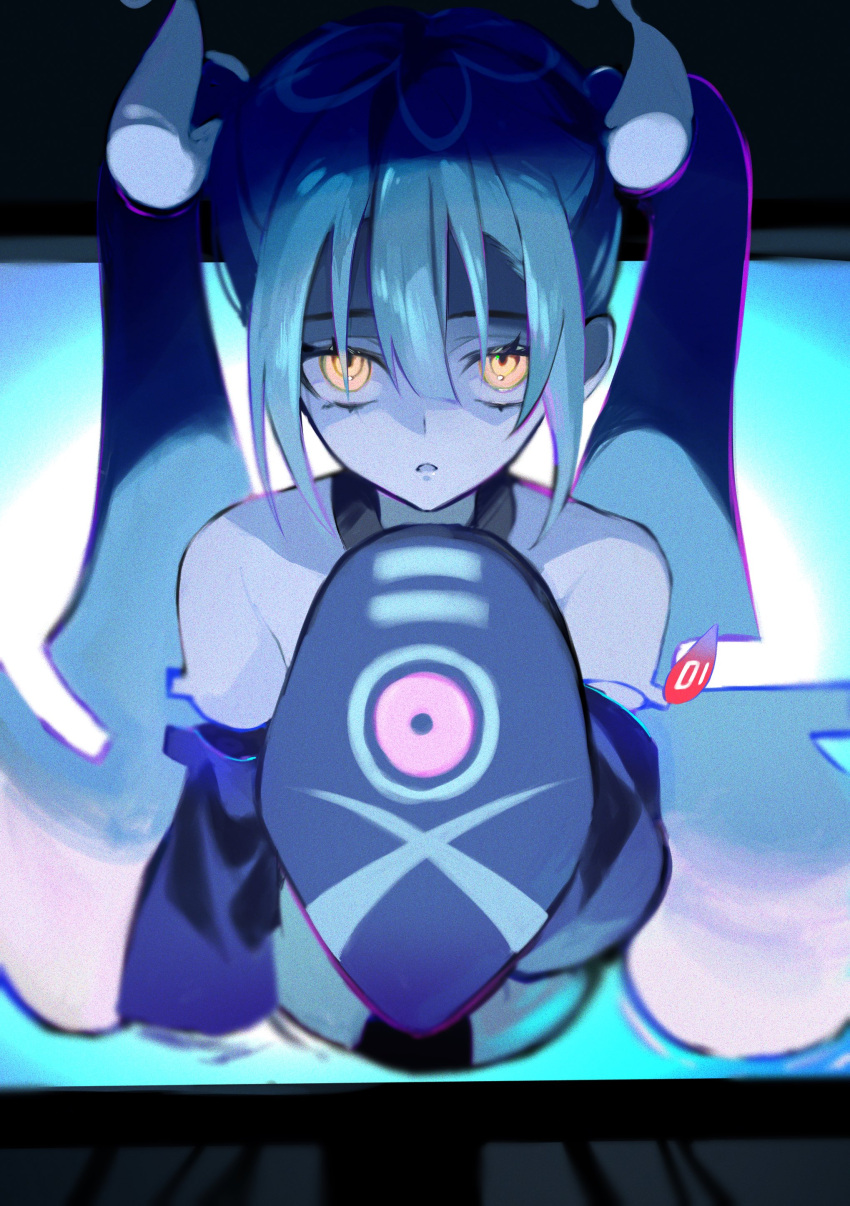 1girl absurdres bare_shoulders black_sleeves blue_hair commentary_request detached_sleeves ghost_miku_(project_voltage) glitch hair_between_eyes hand_up hatsune_miku highres long_hair looking_at_viewer monitor pale_skin parted_lips pokemon project_voltage sleeves_past_fingers sleeves_past_wrists solo through_screen twintails un_known9999 upper_body very_long_hair vocaloid will-o'-the-wisp_(mythology) yellow_eyes