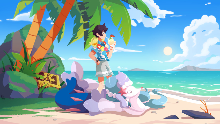 1boy black_hair blue_shirt closed_mouth clouds comfey commentary commission cup day drinking drinking_straw floral_print glass grey_shorts hand_in_pocket highres holding holding_cup k.z.r male_focus moss outdoors palm_tree pokemon pokemon_(creature) primarina rock sand shirt shore short_hair short_sleeves shorts sky smile standing treasure_chest tree water