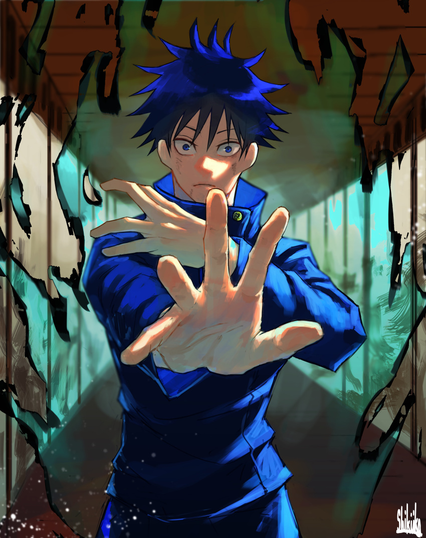 abstract_background absurdres aqua_background blue_eyes blue_hair blue_jacket blue_pants brown_background buttons closed_mouth collared_jacket commentary_request dirty dirty_face foreshortening frown fushiguro_megumi grey_background hair_between_eyes high_collar highres jacket jujutsu_kaisen long_sleeves looking_at_viewer male_focus multicolored_background palms pants spiky_hair tokishima_sikuka