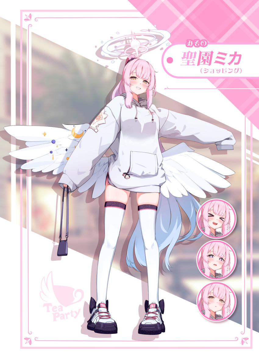 1girl angel_wings bag blue_archive blush daran9 dolphin_shorts feathered_wings full_body halo handbag highres hood hoodie long_hair looking_at_viewer low_wings mika_(blue_archive) oversized_clothes pink_hair ponytail scrunchie shorts sleeves_past_fingers sleeves_past_wrists smile solo thigh-highs white_hoodie white_sneakers white_thighhighs white_wings wings yellow_eyes