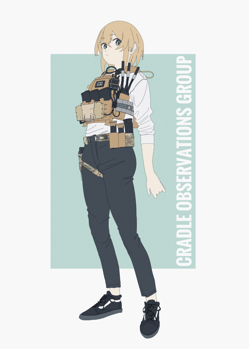 1girl absurdres black_footwear black_pants blonde_hair blue_background camouflage closed_mouth commentary_request full_body grey_background grey_eyes hair_between_eyes highres holster long_sleeves looking_at_viewer magazine_(weapon) original pants plate_carrier radio shirt shoes short_hair solo soutou_nagi standing thigh_holster two-tone_background white_shirt