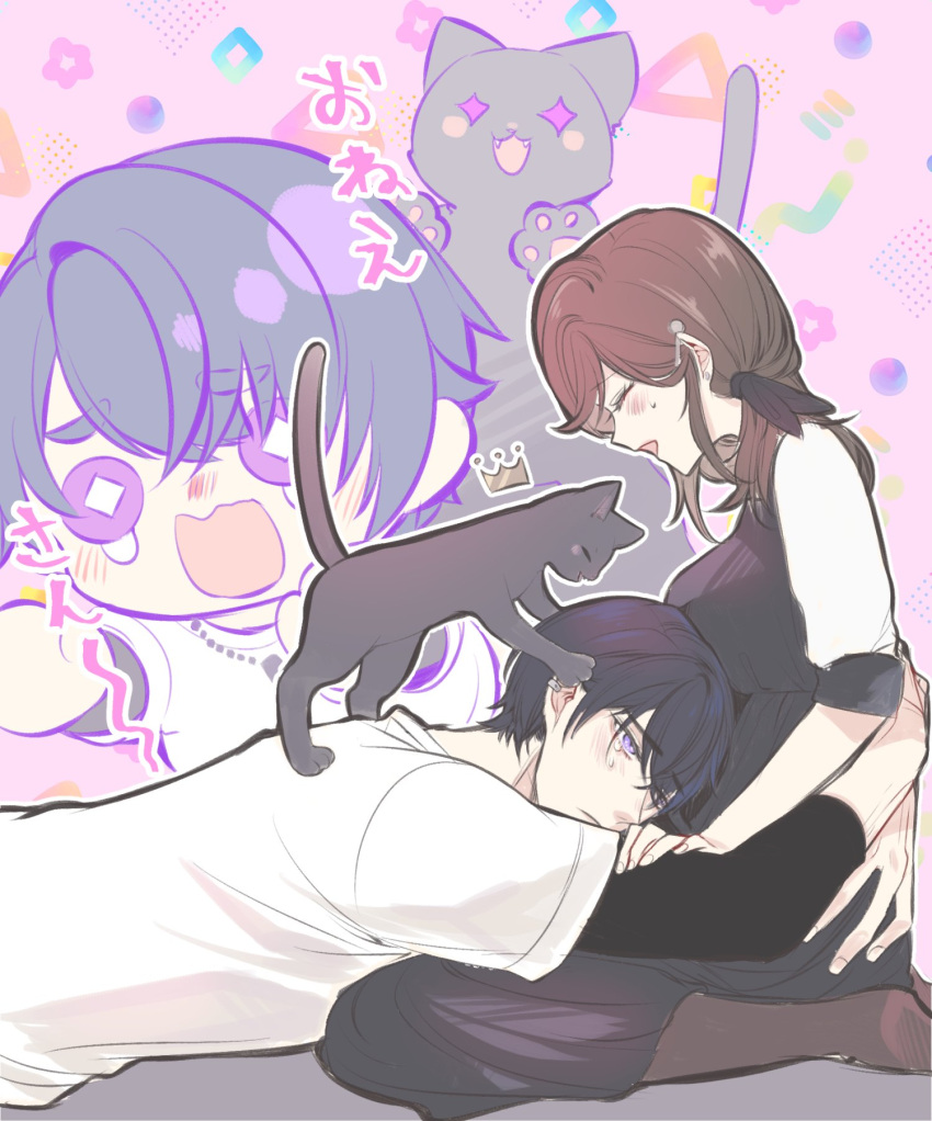 +_+ 1boy 1girl :d animal black_cat black_dress blush brown_hair cat chibi closed_eyes commentary_request coto_notte dress hair_between_eyes highres hug layered_sleeves long_hair long_sleeves lying marius_von_hagen_(tears_of_themis) on_lap on_stomach pink_background profile rosa_(tears_of_themis) shirt short_over_long_sleeves short_sleeves sleeveless sleeveless_dress smile sweat teardrop tears_of_themis thick_eyebrows violet_eyes white_shirt