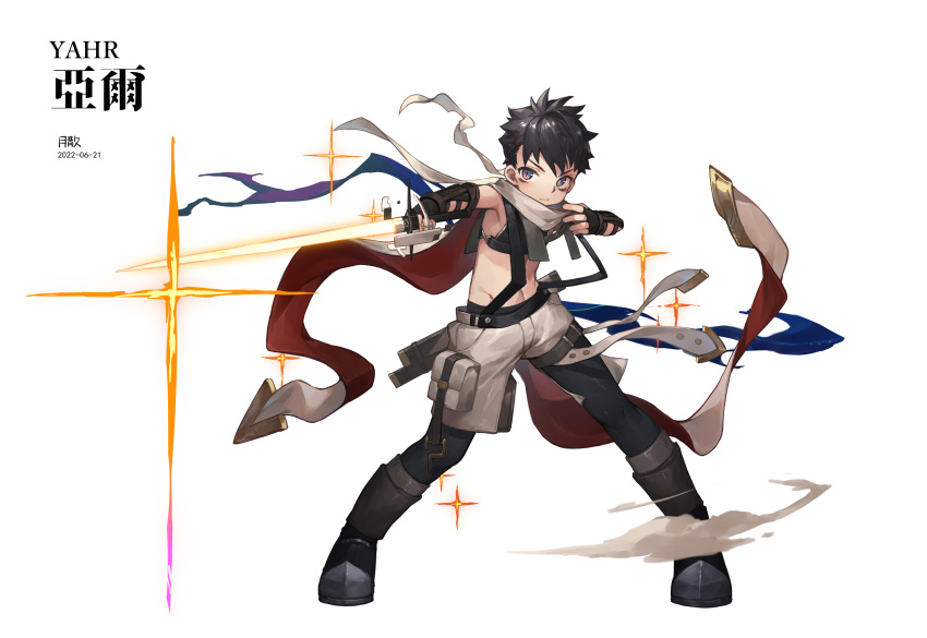 1boy absurdres black_gloves black_hair boots character_name dated fingerless_gloves full_body gloves highres holding holding_weapon knee_boots looking_at_viewer male_focus mismatched_pupils original red_scarf scarf shorts signature simple_background solo spiky_hair standing tsukibara violet_eyes weapon white_background white_scarf