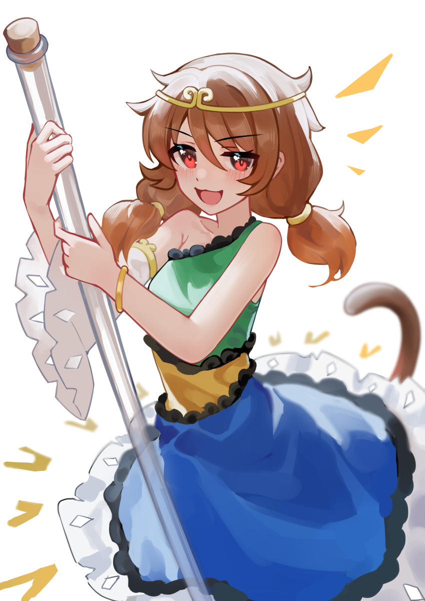 1girl absurdres ailu_elf blue_dress blush breasts brown_hair circlet detached_sleeves dress green_dress highres long_hair looking_at_viewer low_twintails medium_breasts monkey_tail open_mouth red_eyes simple_background single_detached_sleeve smile solo son_biten tail test_tube touhou twintails white_background white_sleeves yellow_dress