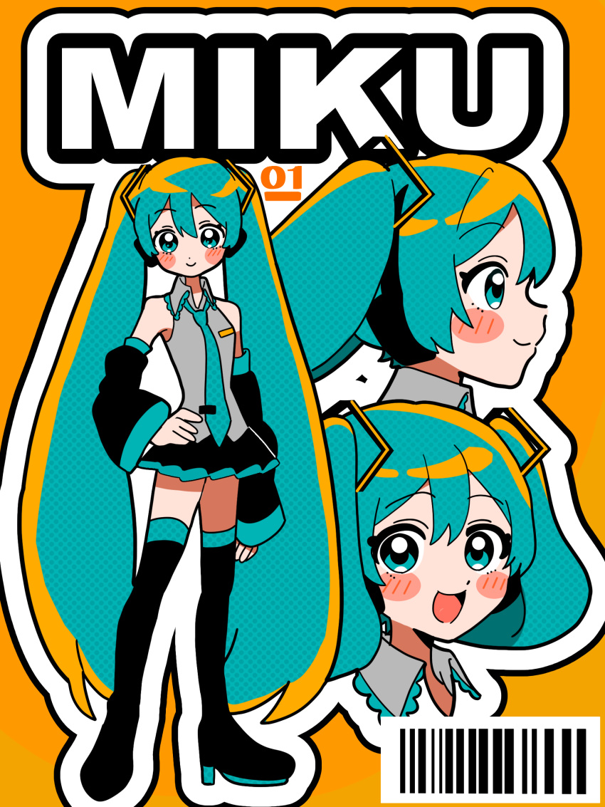 1girl absurdres aqua_eyes aqua_hair barcode bare_shoulders blue_eyes blue_hair blush boots character_name detached_sleeves hair_ornament halftone hand_on_own_hip hatsune_miku high_heel_boots high_heels highres long_hair looking_at_viewer multiple_girls necktie open_mouth orange_background shirt skirt smile sugarmonaka thigh-highs twintails very_long_hair vocaloid