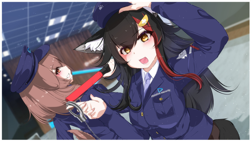 2girls animal_ear_fluff animal_ears black_hair blush brown_eyes brown_hair cuffs dog_ears dog_girl dog_tail hair_ornament hairpin handcuffs highres hiro_(phese) holding holding_handcuffs hololive inugami_korone long_hair looking_at_viewer medium_hair multicolored_hair multiple_girls ookami_mio open_mouth redhead security_guard smile streaked_hair tail tail_around_own_leg virtual_youtuber wolf_ears wolf_girl wolf_tail yellow_eyes