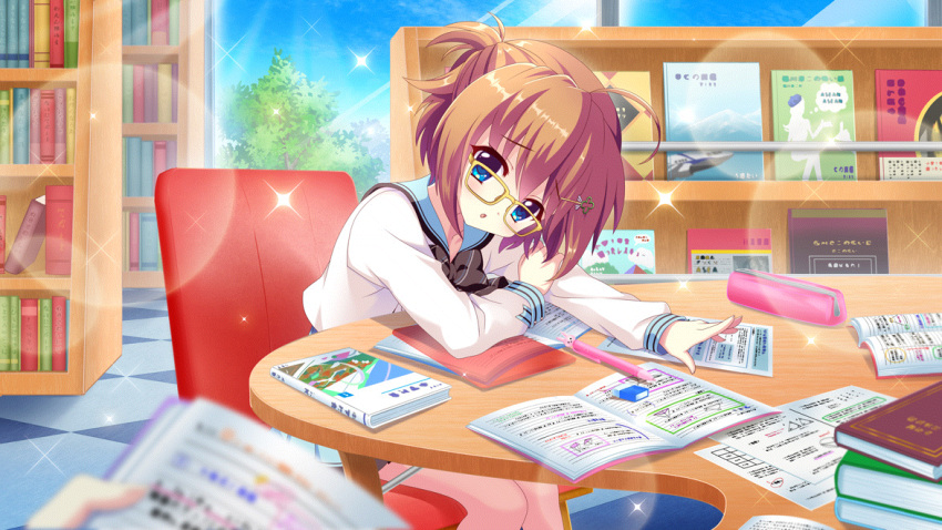 1girl 1other ahoge arm_on_table black_bow blue_eyes blue_sailor_collar blue_sky book book_stack bookshelf bow brown_hair chair checkered_floor day dot_nose eraser film_grain game_cg geometry glasses indoors izumi_tsubasu lens_flare long_sleeves looking_at_viewer magazine_(object) magazine_rack non-web_source notebook official_art on_chair open_book open_mouth pen pencil_case pyramid_(geometry) re:stage! sailor_collar school_uniform shikimiya_mana short_hair sitting sky solo_focus sparkle studying table tile_floor tiles wooden_table yellow-framed_eyewear