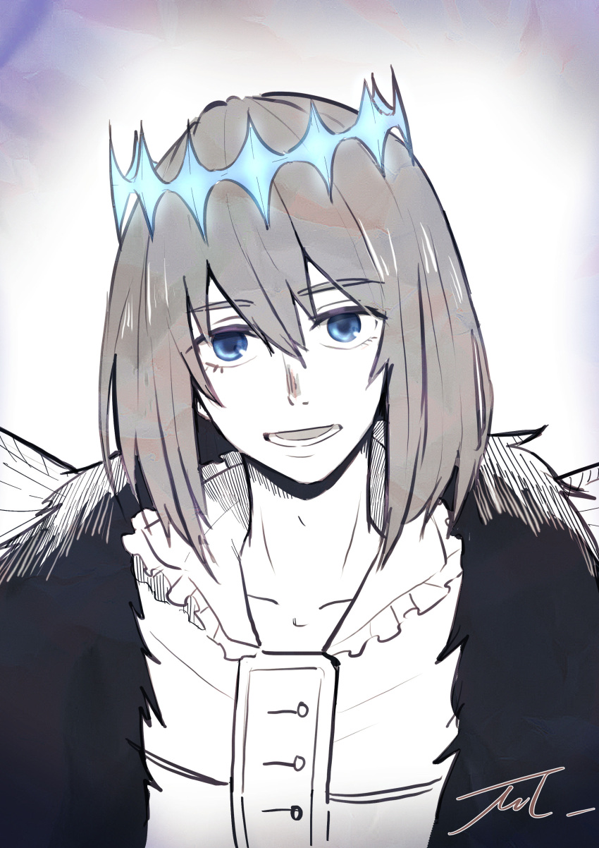 1boy absurdres blue_eyes buttons cloak collarbone diamond_hairband dragonfly_wings fate_(series) frilled_shirt_collar frills fur-trimmed_cloak fur_trim glowing grey_hair highres looking_at_viewer lower_teeth_only male_focus mmmpsychedelic138 monochrome oberon_(fate) oberon_(third_ascension)_(fate) open_mouth short_hair solo spot_color teeth upper_body