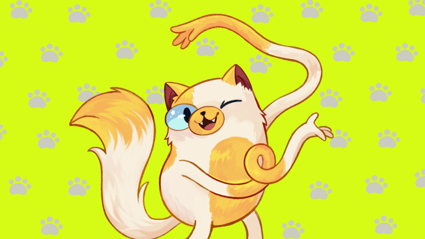 adventure_time:fionna_and_cake blue_sclera cake_(adventure_time) cat_tail colored_sclera easy_breezy eizouken_ni_wa_te_wo_dasu_na! elasticity english_commentary green_background highres looking_at_viewer one_eye_closed open_mouth outstretched_hand paw_print sharp_teeth simple_background standing star_(symbol) star_in_eye stretching symbol_in_eye tail teeth white_fur winnie62123994 yellow_fur
