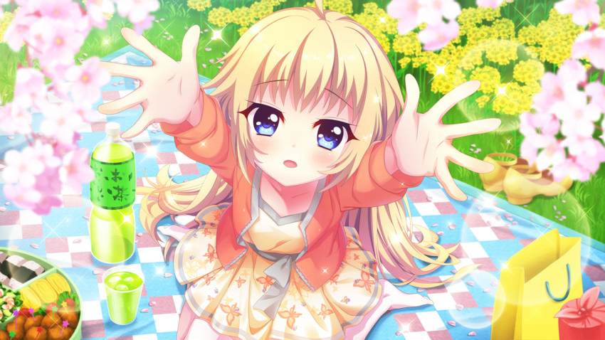 1girl ahoge animal_print bag blanket blonde_hair blue_eyes butterfly_print cherry_blossoms collarbone cup dot_nose dress film_grain flower food food_request from_above game_cg grass hair_down hanami handbag ice ice_cube itsumura_haruka izumi_tsubasu jacket lens_flare non-web_source official_art onigiri open_mouth orange_jacket outdoors outstretched_arms picnic plastic_bottle print_dress re:stage! reaching reaching_towards_viewer shoes shoes_removed sitting solo sparkle thigh-highs wariza white_thighhighs yellow_bag yellow_dress yellow_flower yellow_footwear