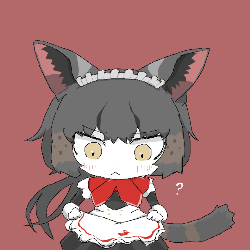 1girl :&lt; ? alternate_costume animal_ears apron apron_lift black_dress black_hair black_serval_(kemono_friends) brown_hair cat_ears cat_girl cat_tail chibi closed_mouth clothes_lift colored_skin confused dress enmaided feet_out_of_frame frills fukuinu_daddy gloves highres kemono_friends kemono_friends_3 lifted_by_self long_hair long_sleeves looking_at_object looking_down maid maid_apron maid_headdress multicolored_hair red_background simple_background solo standing tail tsurime white_apron white_gloves white_skin yellow_eyes