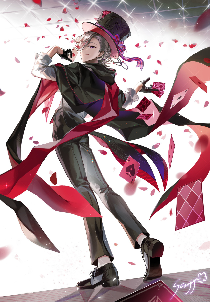 1boy absurdres ace_(playing_card) ace_of_hearts androgynous black_cape black_gloves black_headwear black_jacket black_pants blonde_hair braid cape card closed_mouth falling_petals genshin_impact gloves hat heart highres ice_s_s_z jacket looking_at_viewer looking_back lyney_(genshin_impact) male_focus medium_hair multicolored_hair pants petals pink_hair playing_card red_petals red_scarf scarf smile solo tailcoat top_hat violet_eyes