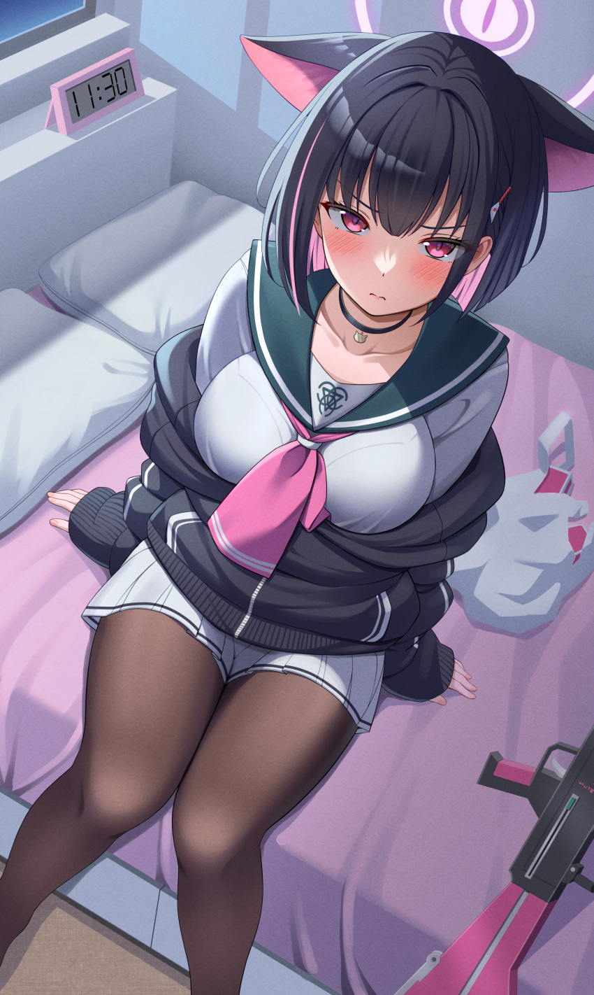 1girl absurdres alarm_clock animal_ears bag bed black_hair black_pantyhose black_sweater blue_archive blush breasts brown_pantyhose cat_ears choker clock closed_mouth colored_inner_hair digital_clock dutch_angle frown green_sailor_collar gun hair_ornament hairpin halo highres indoors kazusa_(blue_archive) large_breasts looking_at_viewer looking_up miniskirt multicolored_hair neckerchief nekojima on_bed paid_reward_available pantyhose pillow pink_hair pink_neckerchief plastic_bag red_eyes sailor sailor_collar school_uniform serafuku shirt short_hair sitting skirt solo sweater thighs two-tone_hair v-shaped_eyebrows weapon white_serafuku white_shirt white_skirt window