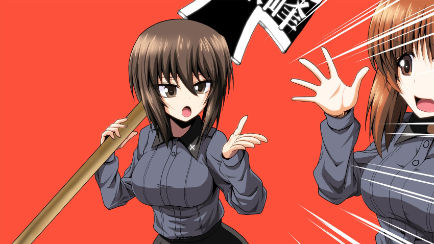 2girls black_skirt brown_eyes brown_hair dress_shirt emblem emphasis_lines frown girls_und_panzer grey_shirt highres holding holding_sign insignia kamishima_kanon kuromorimine_(emblem) kuromorimine_school_uniform long_sleeves looking_at_another multiple_girls nishizumi_maho nishizumi_miho open_mouth over_shoulder red_background school_uniform shirt short_hair siblings sign simple_background sisters skirt standing tracen_ondo_(song) wing_collar