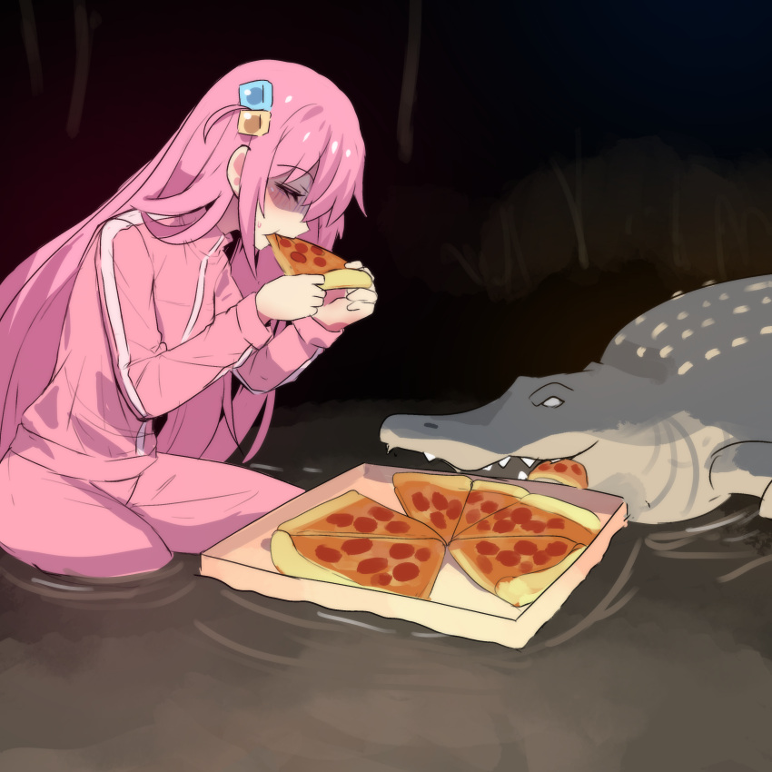 1girl absurdres bocchi_the_rock! closed_eyes comedy commentary crocodile crocodilian food gotoh_hitori hair_ornament highres hinghoi holding holding_food holding_pizza jacket long_hair long_sleeves pants pink_hair pink_jacket pink_pants pizza pizza_slice sitting solo very_long_hair water