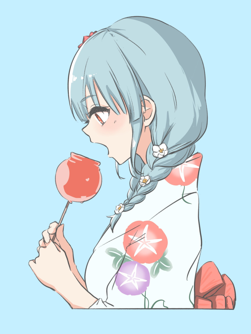 1girl absurdres blue_background blue_hair blush braid breasts candy candy_apple cropped_torso flower food from_side hair_between_eyes hair_flower hair_ornament hair_over_shoulder highres holding holding_candy holding_food hyodou_shizuku idoly_pride japanese_clothes kimono kinokko_(kinokkoooo) long_bangs long_hair looking_down low_twin_braids obi open_mouth print_kimono profile red_eyes sash sidelocks simple_background small_breasts solo twin_braids white_flower white_kimono yukata