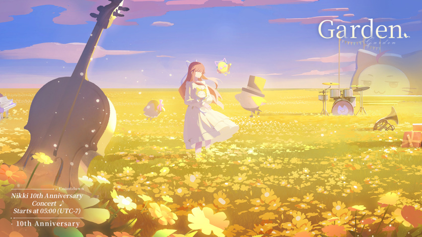 1boy 1girl animal anniversary artist_request bare_legs black_headwear cat cello clear_sky clouds commentary copyright_name dated dress drum drum_set dusk english_commentary english_text faceless faceless_female field flower flower_field gift grass hat highres holding holding_animal holding_cat infinity_nikki instrument long_hair miracle_nikki momo_(miracle_nikki) nikki_(miracle_nikki) official_art outdoors piano pink_hair ribbon shining_nikki sky trumpet white_dress yellow_cloak