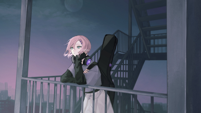 1girl absurdres artist_name black_shirt blue_eyes building city closed_mouth commentary_request dusk floating_hair grey_shirt hair_between_eyes hair_ornament hairclip headphones headphones_around_neck highres instrument_case instrument_on_back kajiwara_3 leaning long_sleeves original outdoors pink_hair railing shirt short_hair skirt sky sleeves_past_wrists solo stairs star_(sky) starry_sky white_skirt