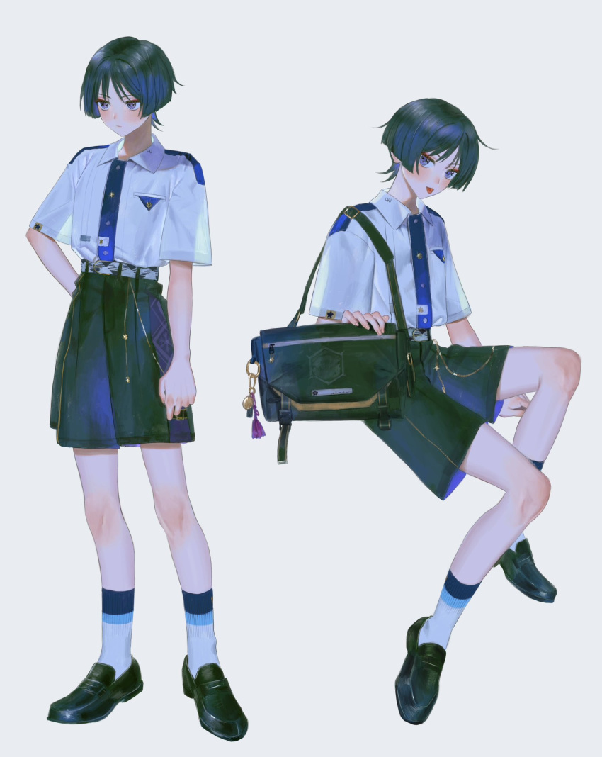 4the2ofus alternate_costume bag bag_charm black_footwear black_hair blue_hair blush charm_(object) closed_mouth eyeshadow full_body genshin_impact grey_background highres invisible_chair looking_at_viewer makeup multicolored_hair multiple_views red_eyeshadow scaramouche_(genshin_impact) shirt short_sleeves shorts simple_background sitting socks standing tongue tongue_out violet_eyes white_shirt