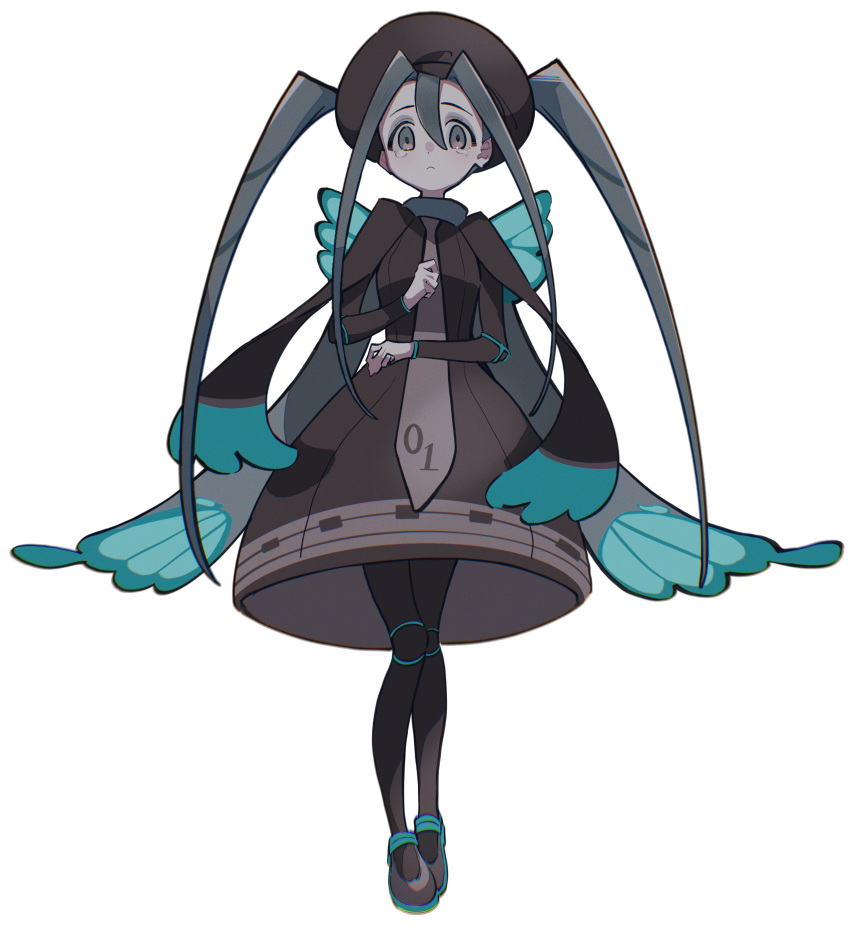 1girl :&lt; absurdres animal_print antenna_hair black_footwear black_pantyhose blue_cape brown_cape brown_dress brown_headwear brown_necktie bug_miku_(project_voltage) butterfly_print cape commentary dress full_body full_burrrrrrst grey_eyes grey_hair hair_through_headwear hand_up hatsune_miku highres long_hair long_necktie long_sleeves looking_at_viewer necktie pantyhose pokemon project_voltage shoes solo tearing_up twintails two-tone_cape very_long_hair vocaloid white_background