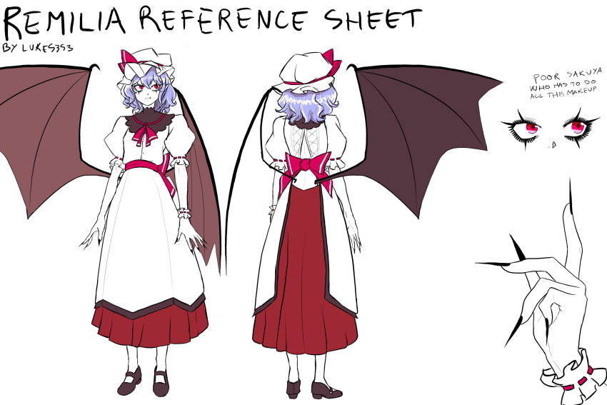 1girl alternate_costume artist_name back bat_wings blue_hair character_name dress english_text full_body hat highres large_wings luke5353 mob_cap multiple_views puffy_short_sleeves puffy_sleeves red_eyes remilia_scarlet short_sleeves standing touhou white_background white_dress wings