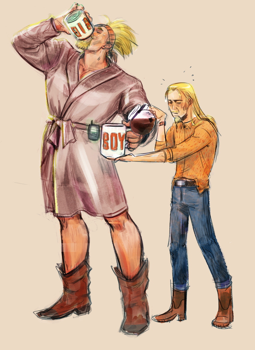 2boys absurdres alternate_costume asgeir blonde_hair boots coffee_mug cup denim drinking exhausted facial_hair full_body goatee headband height_difference highres holding holding_cup jeans long_hair male_focus mature_male mug mug_writing multiple_boys mustache pants pouring robe shantirittgers short_hair sleep_bubble standing thorkell vinland_saga waking_up