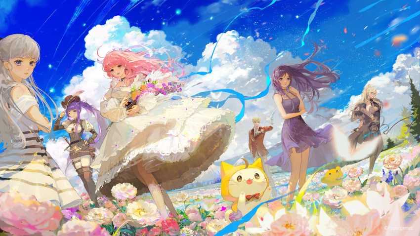 1boy 5girls ace_(miracle_nikki) adjusting_clothes adjusting_headwear anniversary bare_legs bare_shoulders bird black_jacket blonde_hair blue_sky blurry blurry_foreground boots bouquet breasts brown_eyes brown_headwear cat choker copyright_name corset day dress english_commentary field flower flower_field glasses highres holding holding_bouquet jacket jewelry kimi_(miracle_nikki) long_hair medium_breasts momo_(miracle_nikki) mountainous_horizon multiple_girls necklace nikki_(miracle_nikki) official_art outdoors pants pink_hair purple_dress purple_hair red_jacket red_ribbon ribbon shining_nikki shirt sky sword violet_eyes weapon white_dress white_hair white_pants white_shirt wind yellow_cloak
