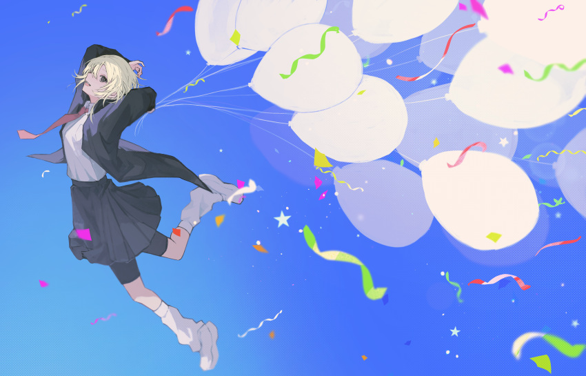 1girl absurdres balloon black_eyes black_jacket black_shorts black_skirt blonde_hair blue_sky breasts collared_shirt commentary_request confetti floating_hair highres jacket kajiwara_3 leg_warmers long_sleeves looking_at_viewer medium_breasts open_clothes open_jacket open_mouth original pleated_skirt school_uniform shirt short_hair_with_long_locks shorts shorts_under_skirt skirt sky smile solo star_(symbol) teeth upper_teeth_only white_footwear white_shirt