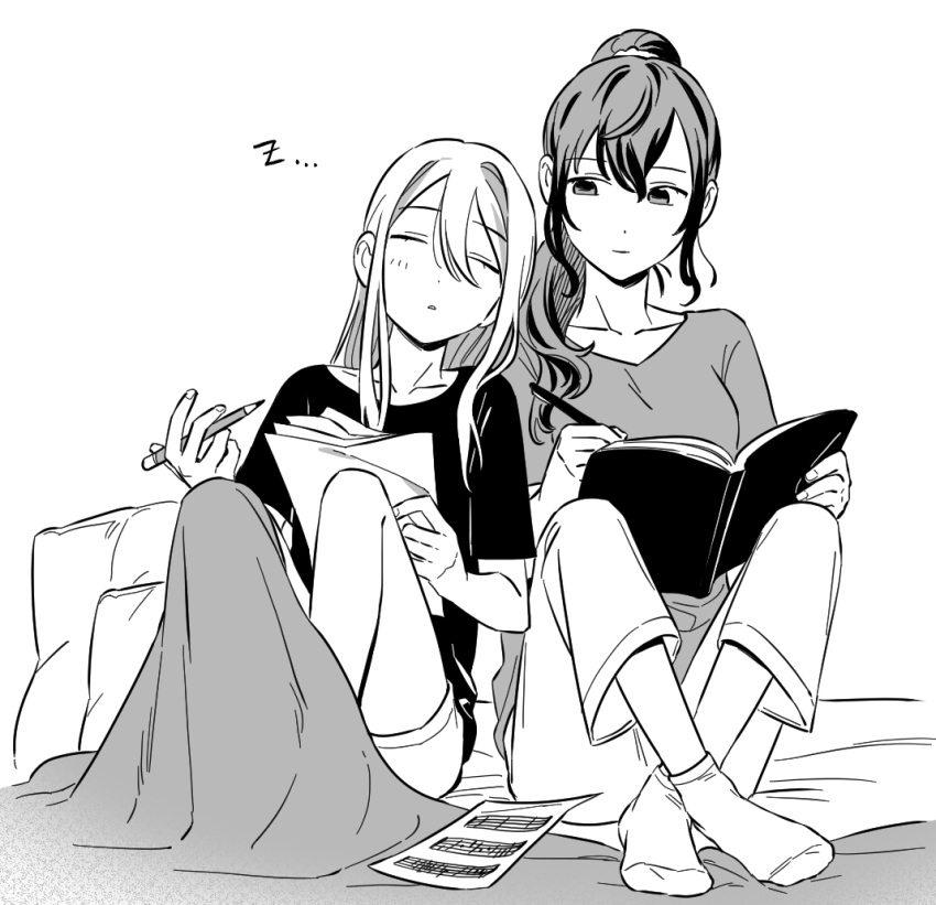 2girls asahina_mafuyu blanket breasts commentary_request fingernails full_body greyscale hair_between_eyes hair_over_shoulder holding holding_notebook holding_paper holding_pencil kkamvill knees_up korean_commentary leaning_on_person long_hair looking_at_another monochrome multiple_girls notebook paper parted_lips pencil ponytail project_sekai short_sleeves shorts simple_background sitting sleeping sleeping_upright socks white_background yoisaki_kanade yuri zzz