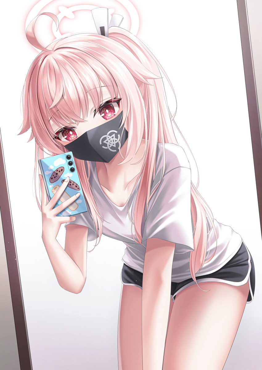 1girl absurdres black_mask black_shorts blue_archive cellphone collar dolphin_shorts hair_over_shoulder halo highres holding holding_phone leaning_forward long_hair looking_at_viewer mask mouth_mask natsu_(blue_archive) phone pink_hair red_eyes shira_jun shirt shorts sitting smartphone solo white_shirt