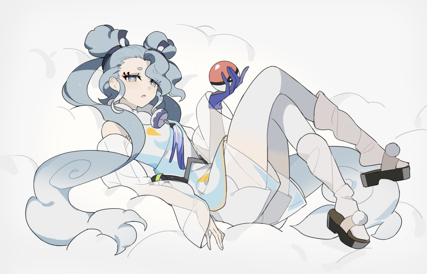 1girl absurdres blue_gloves clouds commentary detached_sleeves double_bun eyeshadow flying_miku_(project_voltage) gloves gradient_hair hair_bun hatsune_miku highres holding holding_poke_ball kazenemuri long_hair looking_at_viewer lying makeup multicolored_hair on_back open_mouth poke_ball poke_ball_(basic) pokemon project_voltage red_eyeshadow see-through_shorts shorts shorts_under_shorts single_glove solo twintails very_long_hair vocaloid white_shorts wind_chime